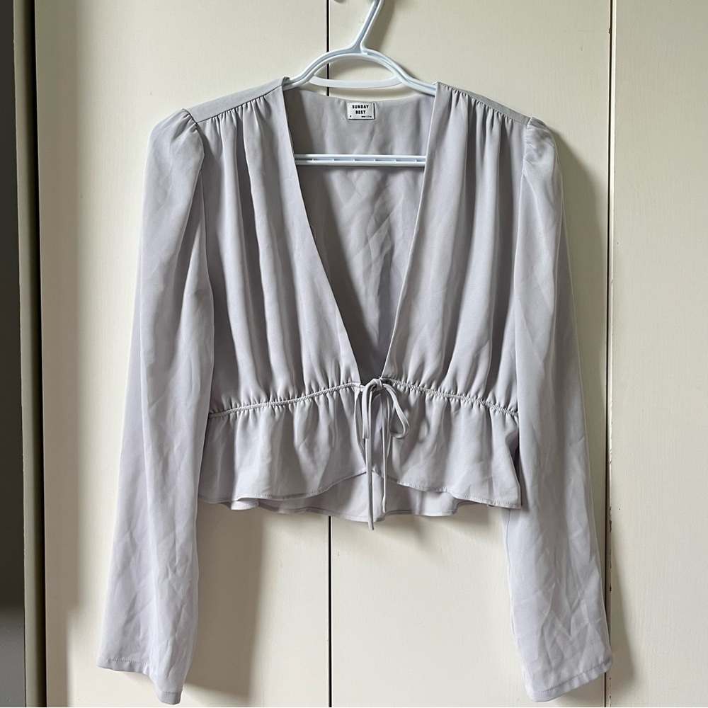 Aritzia Sunday Best Light Gray V-Neck Tie-Front Blouse